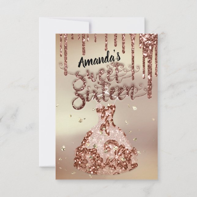Sweet Sixteen Rose Floral Dress Glitter Drips Glam Invitation (Back)