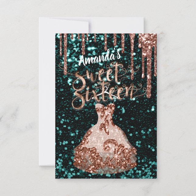 Sweet Sixteen Rose Floral Dress Glitter Drips Teal Invitation (Back)