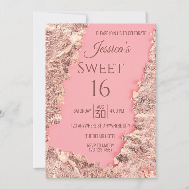 Sweet sixteen rose Foil Invitation de fête d'anniv (Devant)