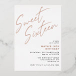 Sweet Sixteen Rose Gold & White Glam 16th Birthday<br><div class="desc">Modern and cool 16th birthday invitations with heading "Sweet Sixteen" text in rose gold foil on a crisp white background. The reverse side features a pattern of the word "sixteen" in coordinating script. The reverse side pattern, as well as the background colour, can be changed by using the design tool....</div>