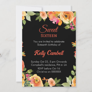 Sweet sixteen rose/noir watecolor Invitation flora