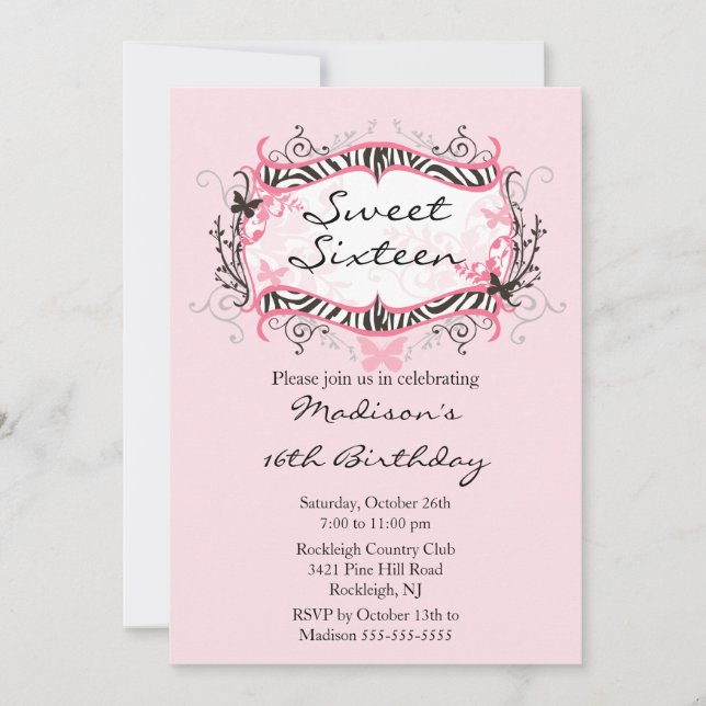 Sweet sixteen rose Zèbre Invitation d'anniversaire (Devant)