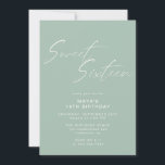 Sweet Sixteen Script Sage Green Mint 16th Birthday Invitation<br><div class="desc">Pretty and simplistic 16th birthday invitations with heading "Sweet Sixteen" text in white script font on an airy pastel green background. The reverse side features a pattern of the word "sixteen" in coordinating script. The reverse side pattern, as well as the background colour, can be changed by using the design...</div>