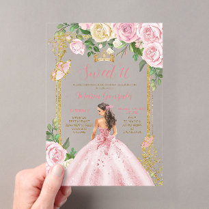 Sweet Sixteen Soft Blush Pink Crown Gold Birthday Acrylic Invitations