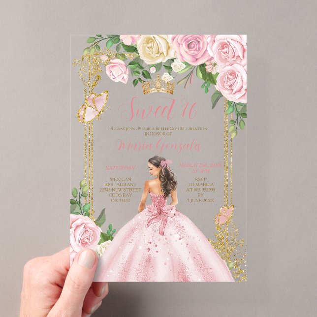 Sweet Sixteen Soft Blush Pink Crown Gold Birthday Acrylic Invitations (Insitu (Handheld))