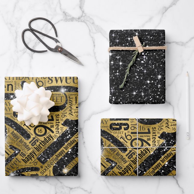 Sweet Sixteen Sparkle Word Cloud Black/Gold ID265 Wrapping Paper Sheet (Front)