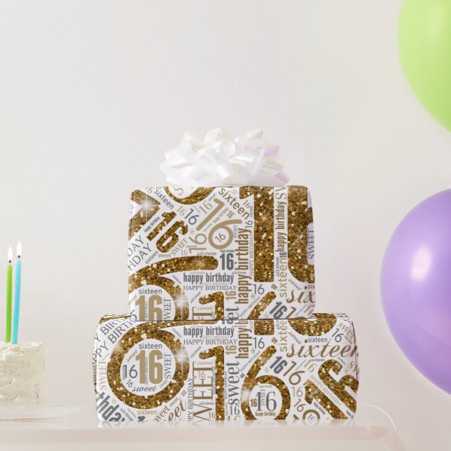 Sweet Sixteen Sparkle Word Cloud Gold White ID265 Wrapping Paper (Party Gifts)