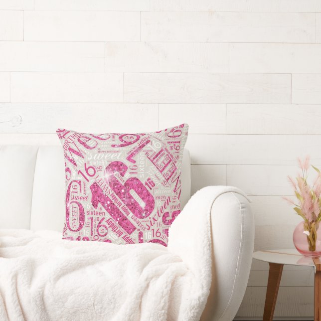 Sweet Sixteen Sparkle Word Cloud Pink ID265 Throw Pillow (Couch)