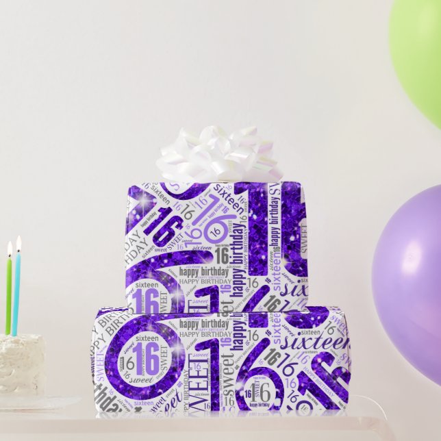 Sweet Sixteen Sparkle Word Cloud Purple WhiteID265 Wrapping Paper (Party Gifts)