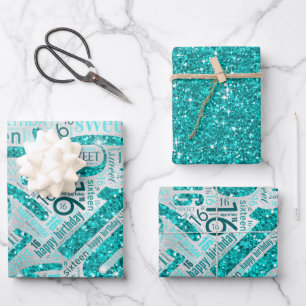 Sweet Sixteen Sparkle Word Cloud Teal ID265 Wrapping Paper Sheet