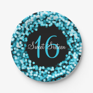 Sweet Sixteen Sparkling Lights Blue Paper Plate