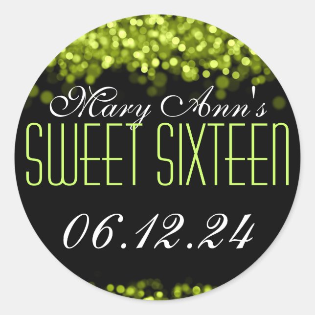 Sweet Sixteen Sparkling Lights Green Classic Round Sticker (Front)
