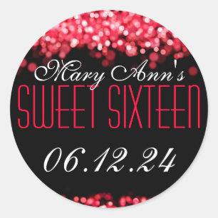 Sweet Sixteen Sparkling Lights Red Classic Round Sticker