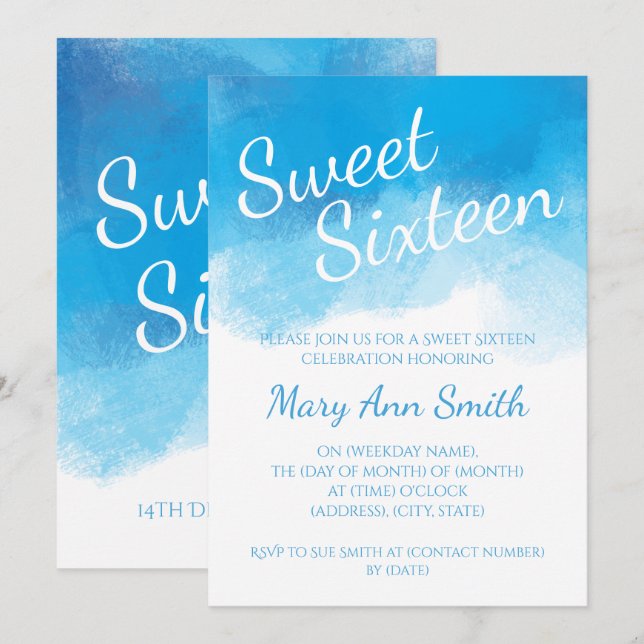 Sweet Sixteen Summer Blue Watercolor Invitation (Front/Back)