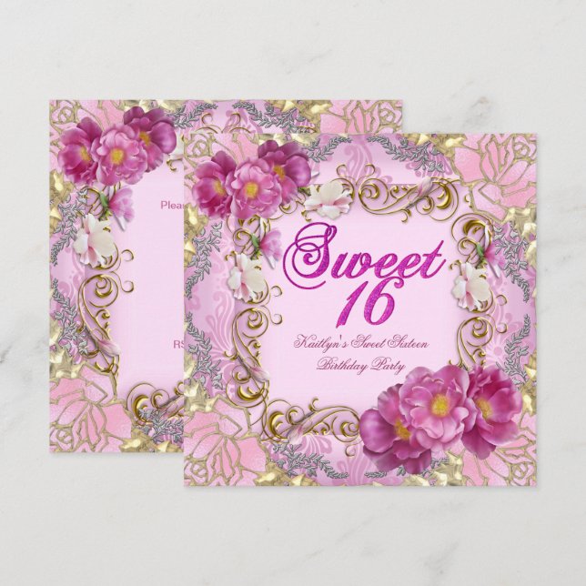 Sweet Sixteen Sweet 16 Pink Damask Gold Flowers Invitation (Front/Back)