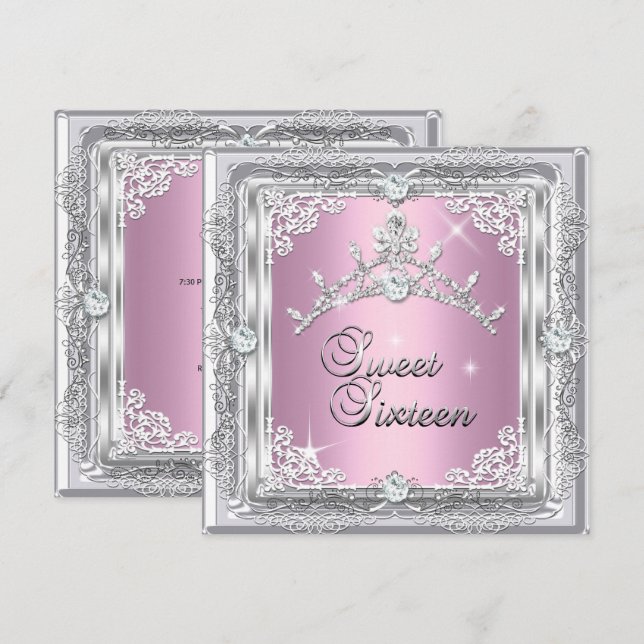 Sweet Sixteen Sweet 16 Pink Silver Diamond Tiara Invitation (Front/Back)