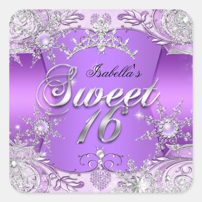 Sweet Sixteen Sweet 16 Purple snowflake Tiara 2 Square Sticker (Front)