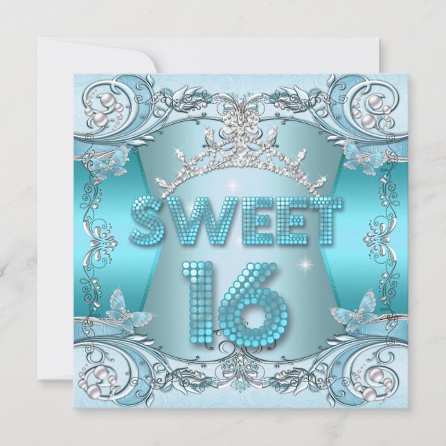 Sweet Sixteen Sweet 16 Teal Blue Silver Tiara Invitation (Front)