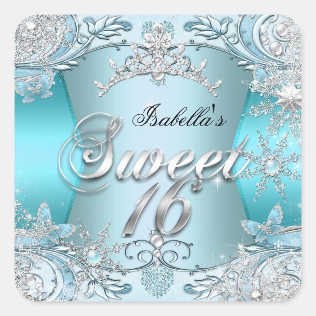 Sweet Sixteen Sweet 16 Teal snowflake Silver 2 Square Sticker (Front)