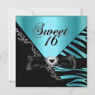 Sweet Sixteen Sweet 16 Zebra Blue Black Invitation