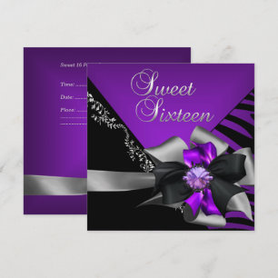 Sweet Sixteen Sweet 16 Zebra Purple Black Silver Invitation