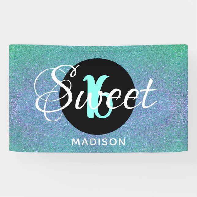 Sweet Sixteen Teal Aqua Glitter Personalized Banner (Horizontal)