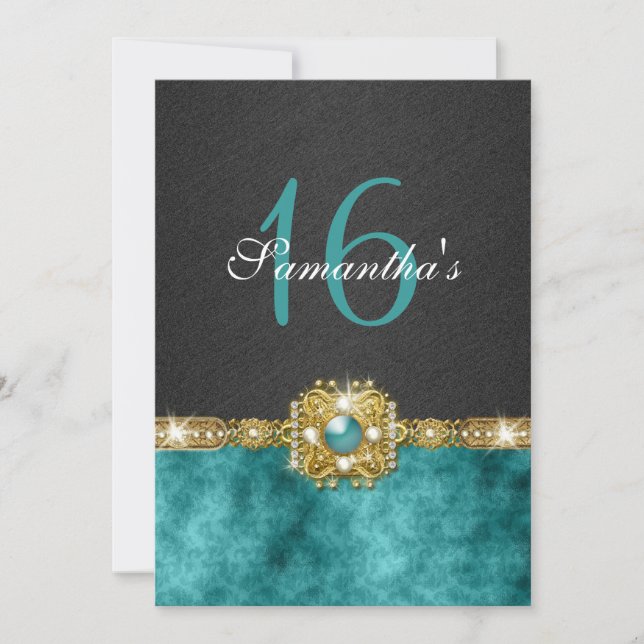 "sweet sixteen" teal black 16 birthday invitation (Front)
