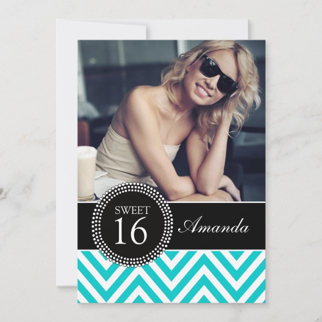 SWEET SIXTEEN TEAL ZIG ZAG CHEVRON PATTERN INVITATION (Front)