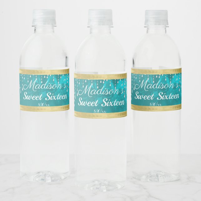Sweet Sixteen Turquoise and Gold Satin Diamonds Water Bottle Label (Bottles)