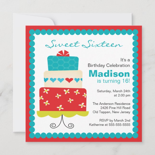 Sweet sixteen Turquoise & Red Cake Invitation d'an (Devant)