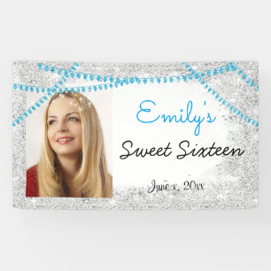 Sweet Sixteen,Turquoise, String Lights, Glitter, Banner