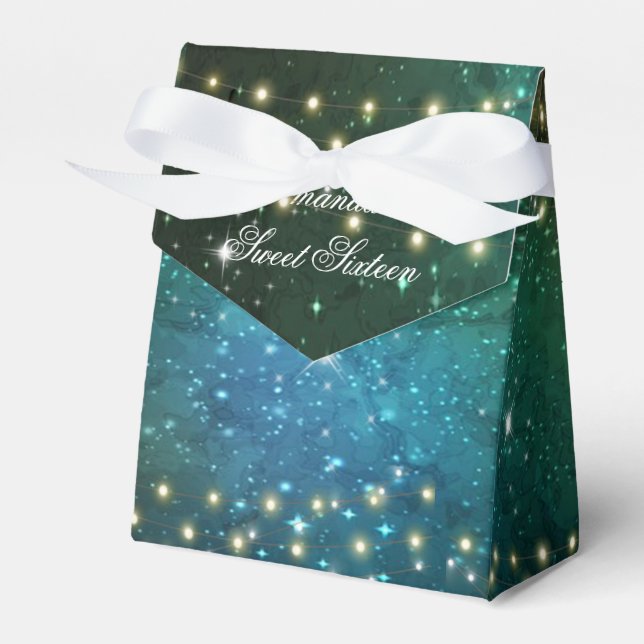 Sweet Sixteen Under the Stars Lights Blue Green Favor Box (Front Side)