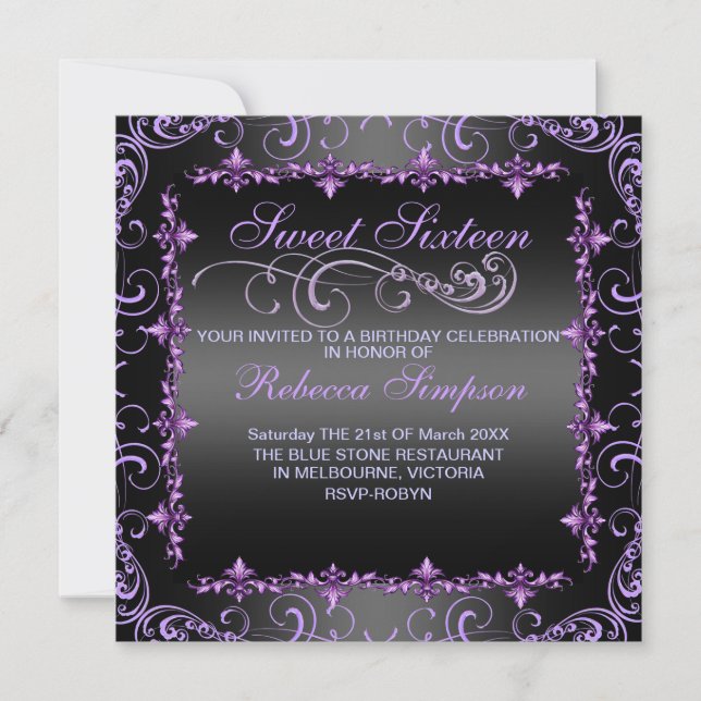 Sweet sixteen violet/noir tourbillon Invitation d' (Devant)
