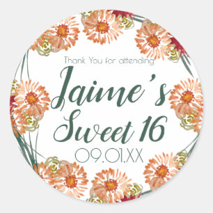 Sweet Sixteen Watercolor Floral Peach Green Classic Round Sticker