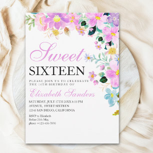 Sweet Sixteen with Watercolor Spring Flowers Invitation