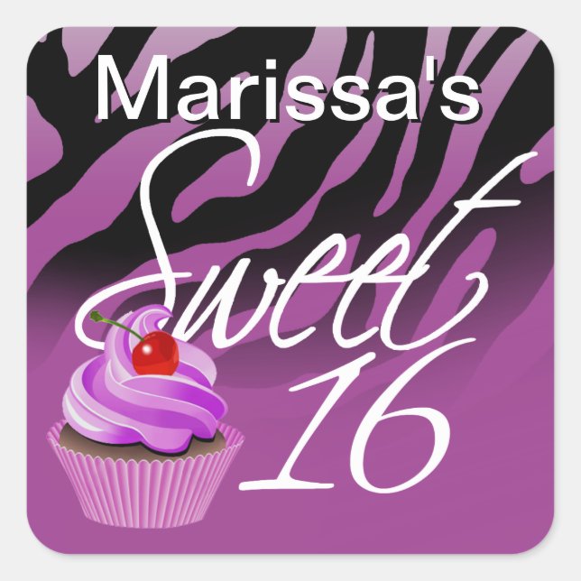 Sweet Sixteen Zebra Cupcake Party Square Sticker (Front)