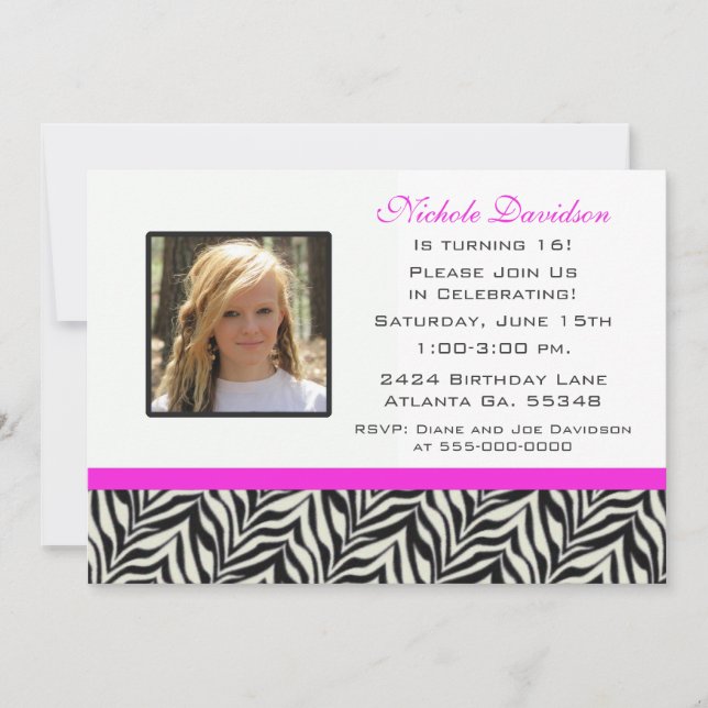 Sweet Sixteen Zebra Party Invitation (Front)