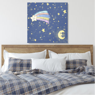 Sweet Sleep Moon & Stars Illustration Denim Blue Canvas Print