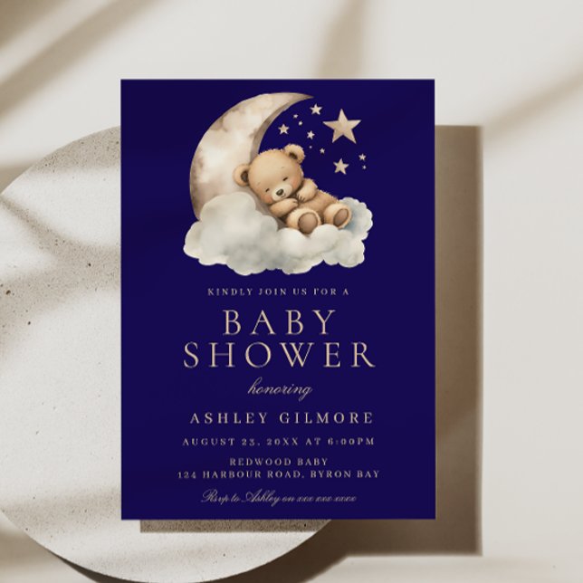 Sweet Sleeping Bear Midnight Blue Baby Shower Invitation (Creator Uploaded)