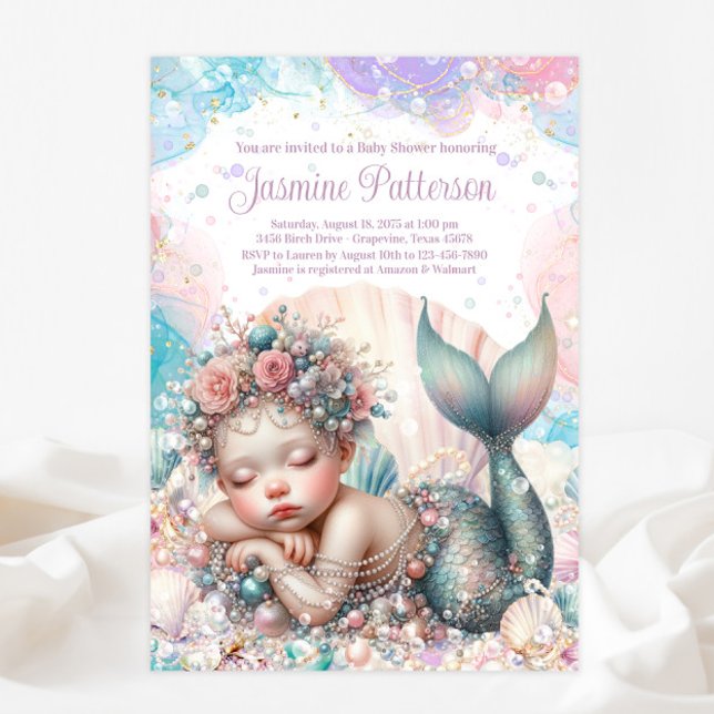 Sweet Sleeping Mermaid Baby Shower Invitation (Creator Uploaded)