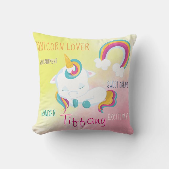 Sweet Sleeping Unicorn Rainbow Design Throw Pillow (Front)