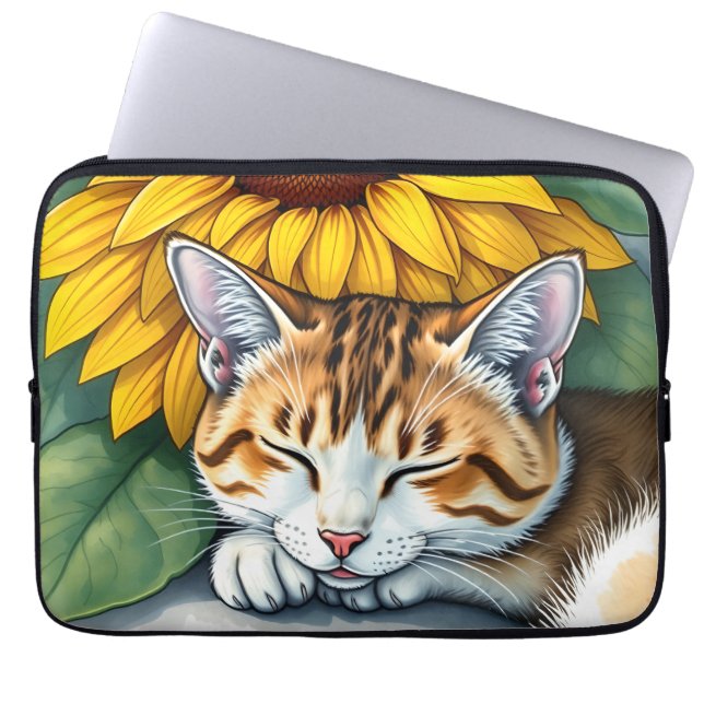 Sweet Sleepy Kitty Cat and Sunflowers Laptop Sleeve (Front)