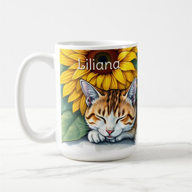 Sweet Sleepy Kitty Cat and Sunflowers Personalized Coffee Mug (Left)