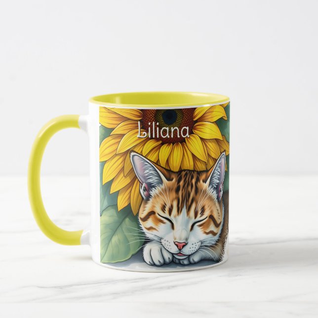 Sweet Sleepy Kitty Cat and Sunflowers Personalized Mug (Left)