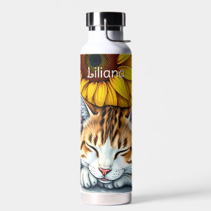 Sweet Sleepy Kitty Cat and Sunflowers Personalized Water Bottle
