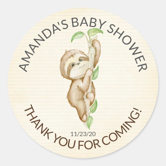 Sweet Sloth Baby Shower Favour Sticker (Front)