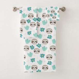 Sweet Sloth Floral Pattern Bath Towel Set