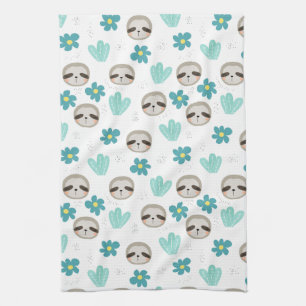 Sweet Sloth Floral Pattern Kitchen Towel