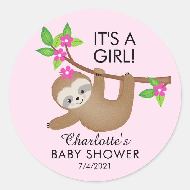 Sweet Sloth It's A Girl Baby Shower Favour Sticker (Front)
