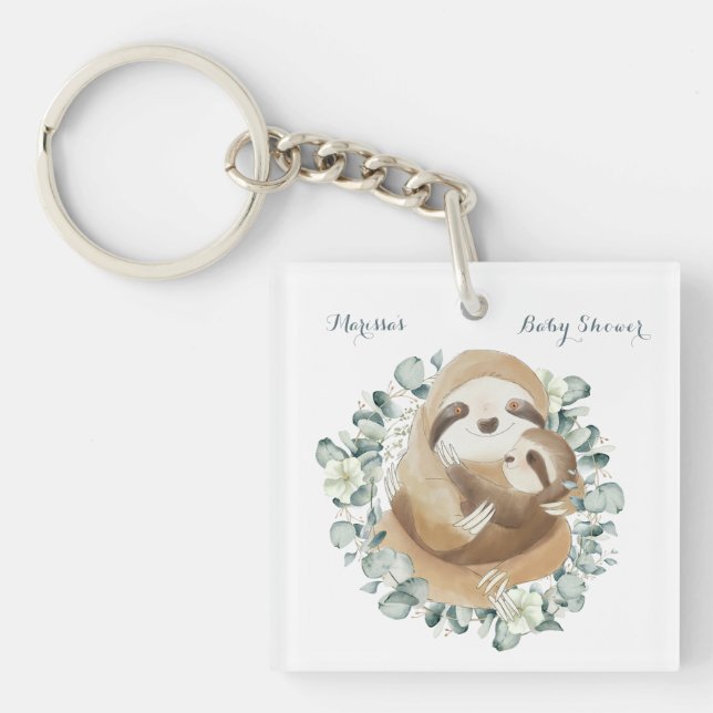 Sweet Sloth Mommy Cuddle Wreath Baby Shower Favour Keychain (Front)